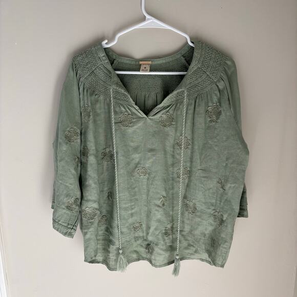 Magaschoni Linen Embroidered Peasant Top Boho Sage Green Size M - Picture 1 of 7